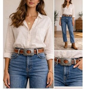 Ranger Belt Company Womens Belt Sz 32 Large Silver Buckle Studded Brown Leather